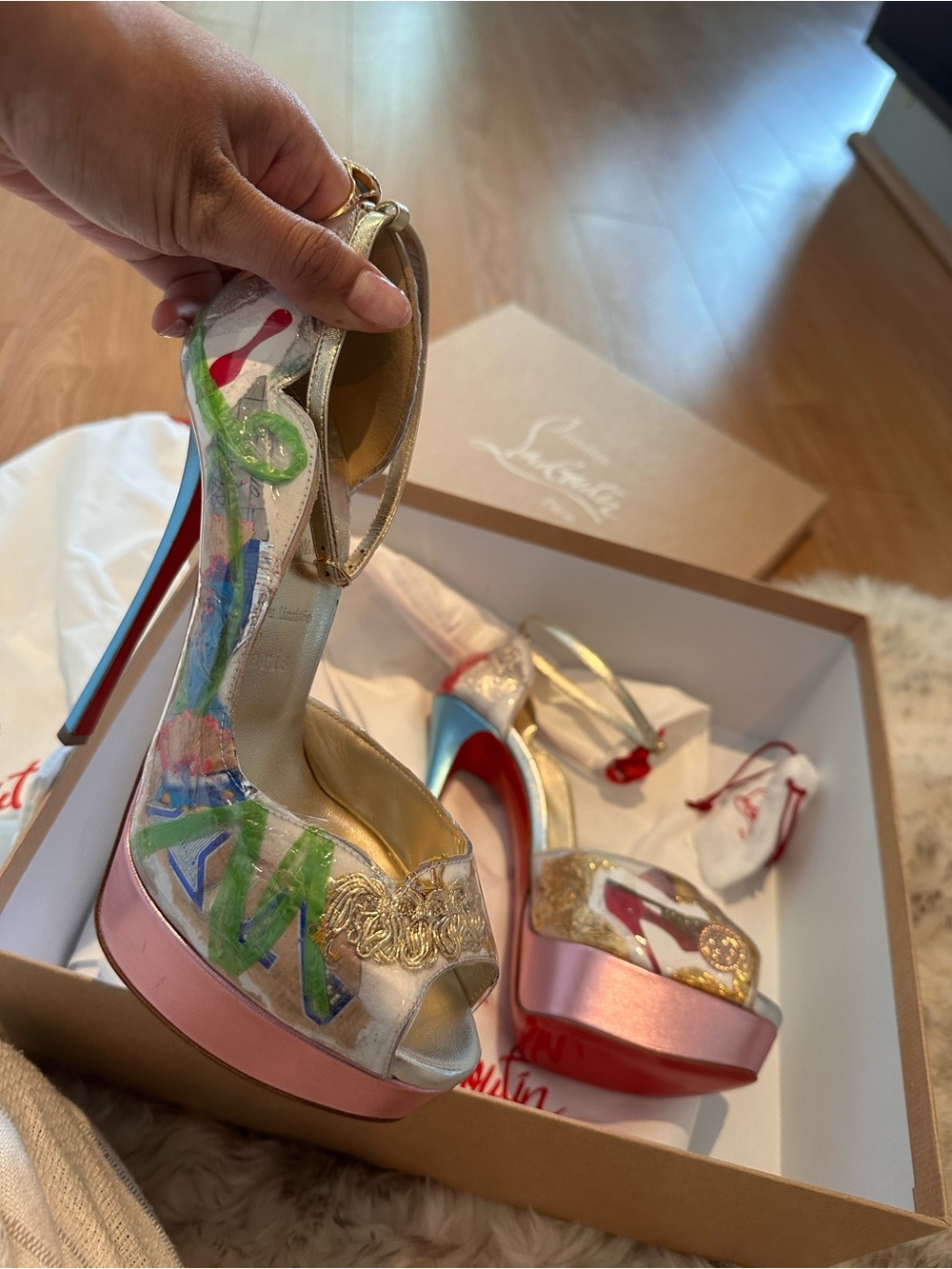 Christian Louboutin Pink, Gold and Clear Platform Sandals - Picture 2 of 2